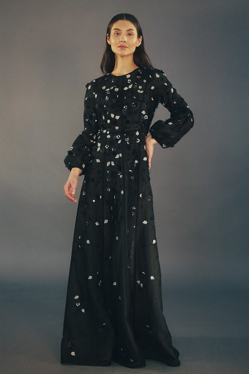 BLACK & WHITE FLORAL EMBROIDERY SILK LONG BELL SLEEVES GOWN