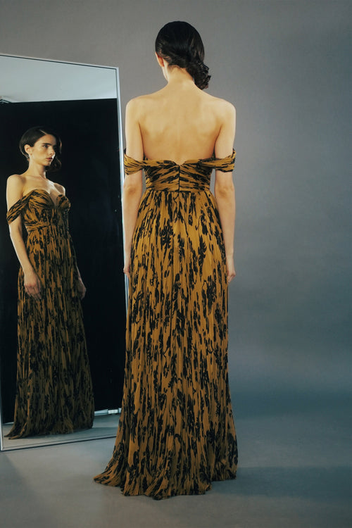 BROWN & BLACK FLORAL PRINT SILK HAND PLEATED GOWN