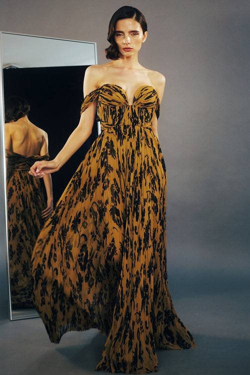 BROWN & BLACK FLORAL PRINT SILK HAND PLEATED GOWN