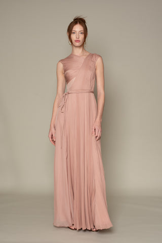 YELLOW PEAR SILK CHIFFON HAND PLEATED HALTER GOWN