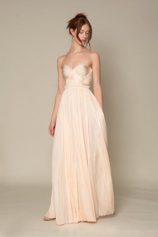 YELLOW PEAR SILK CHIFFON HAND PLEATED HALTER GOWN