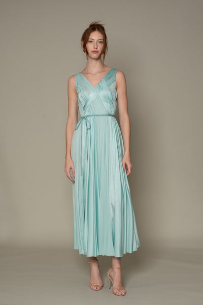 v neck sleeveless pleated chiffon evening dress Smilprince Gray-Blue Chiffon V-Neck Sleeveless Pleated Lace Trim High Slit  Tank Design Evening Dress, Suitable For Bridesmaid Dress Or Evening Gown  Wedding