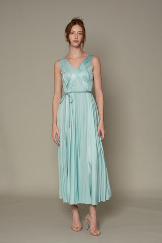 YELLOW PEAR SILK CHIFFON HAND PLEATED HALTER GOWN