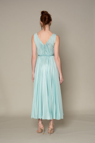 V NECK SLEEVELESS SILK SATIN CHIFFON HAND PLEATING COCKTAIL DRESS