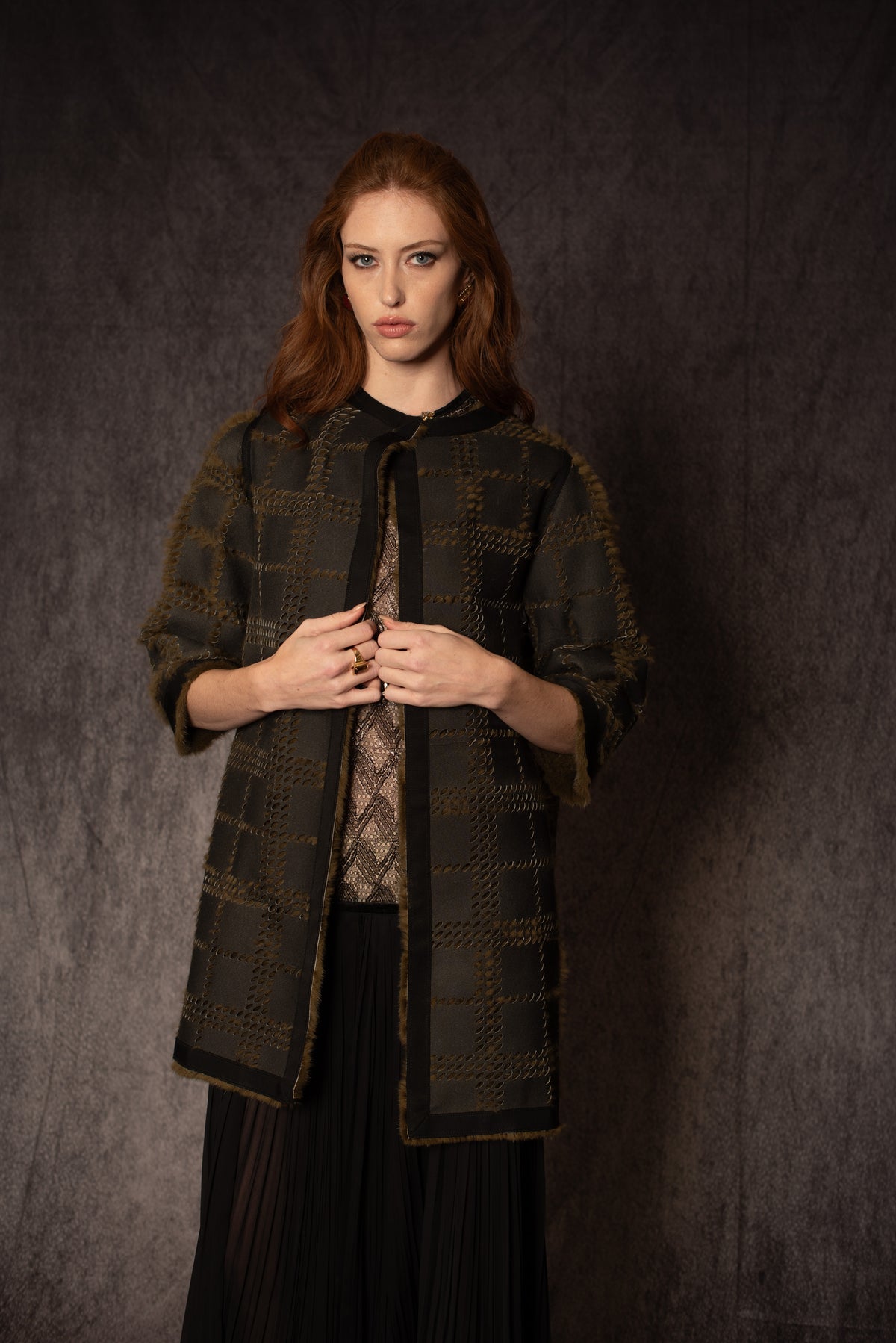 OLIVE SUEDED PREFORATED MINK 7/8 COAT