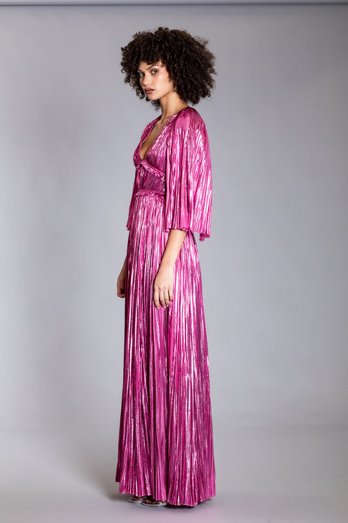 PRISM PINK V-NECK MID SLEEVES LAME HAND PLEATED GOWN