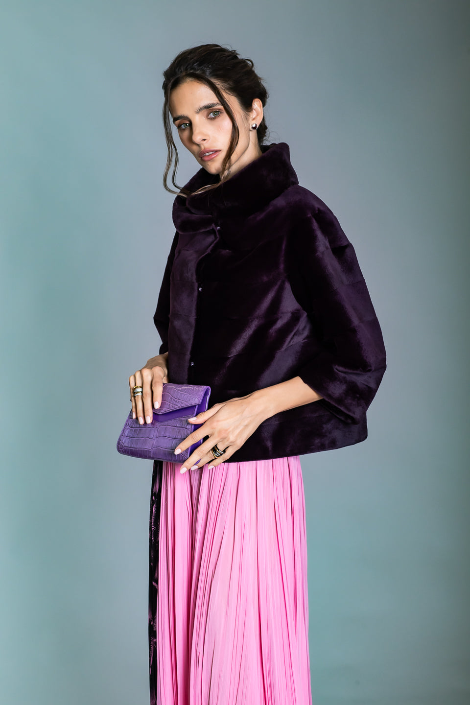Matte buff violet alligator messenger envelope clutch