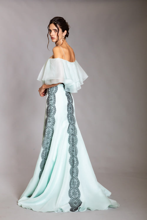 MINT STAPLESS ORGANZA RUFFULES WITH LACE GOWN