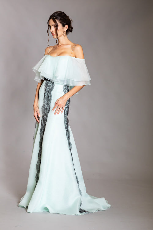 MINT STAPLESS ORGANZA RUFFULES WITH LACE GOWN
