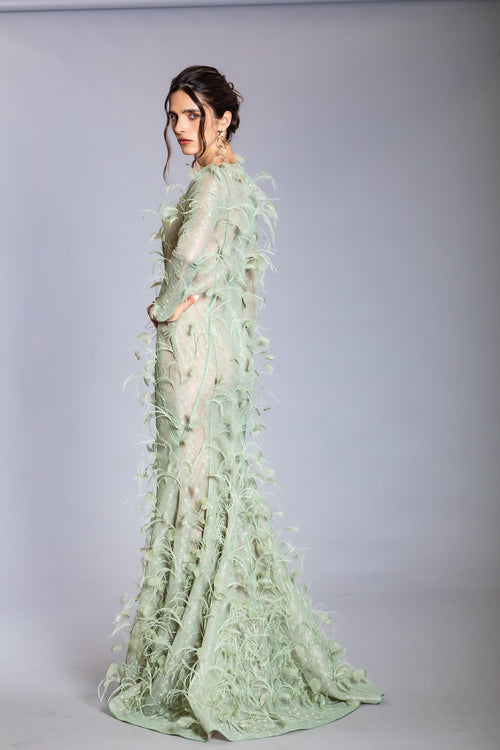 FOAM GREEN LONG SLEEVES LACE WITH HAND EMBROIDERY FEATHERS GOWN
