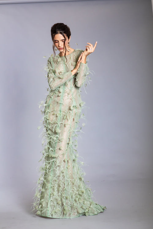 FOAM GREEN LONG SLEEVES LACE WITH HAND EMBROIDERY FEATHERS GOWN
