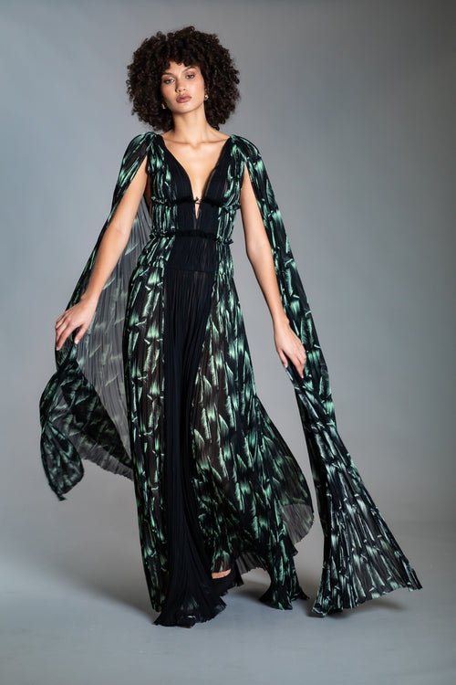 BLACK & MINT PRINTED V NECK SILK CAPE SLEEVES PLEATING GOWN