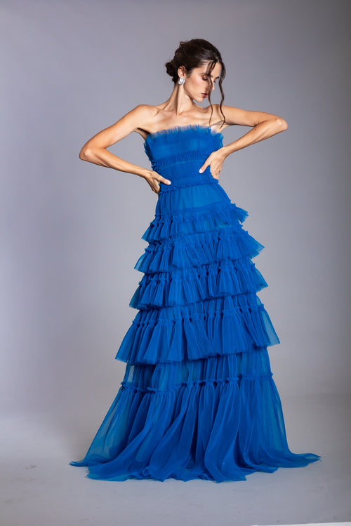 ORCHID BLUE STRAPLESS PLEATING TULLE GOWN