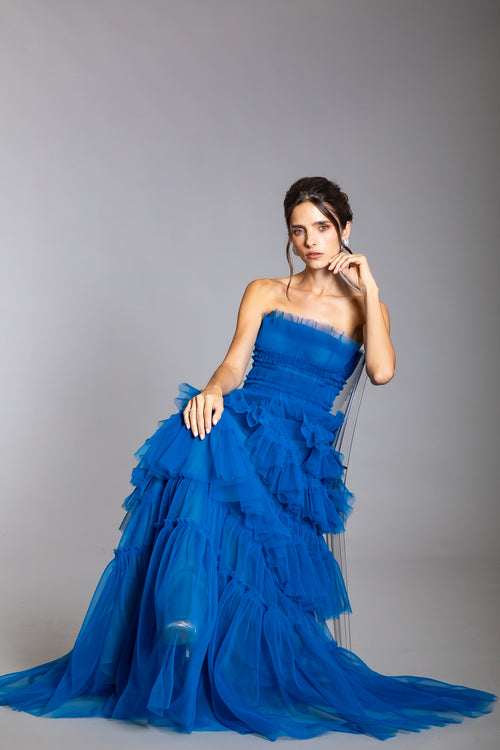 ORCHID BLUE STRAPLESS PLEATING TULLE GOWN