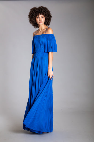 FRENCH BLUE OFF SHOULDER HAND PLEATING GOWN J. Mendel