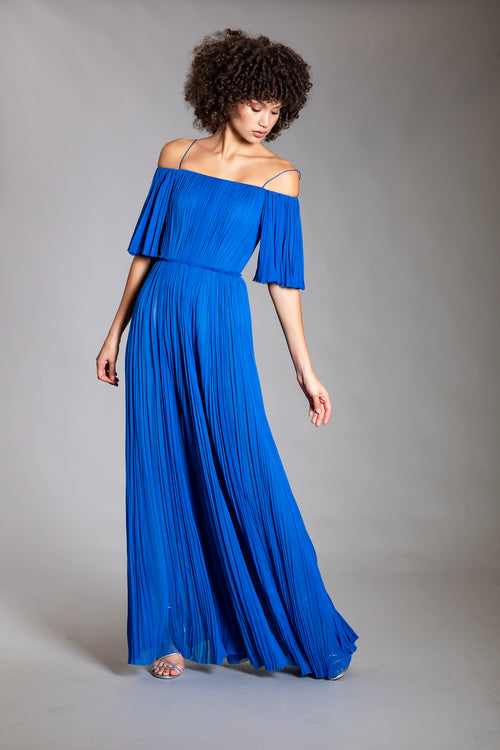 FRENCH BLUE OFF SHOULDER HAND PLEATING GOWN
