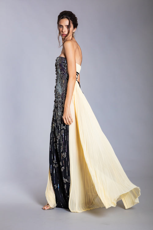YELLOW PEAR EMBROIDERED HAND PLEATED CHIFFON GOWN