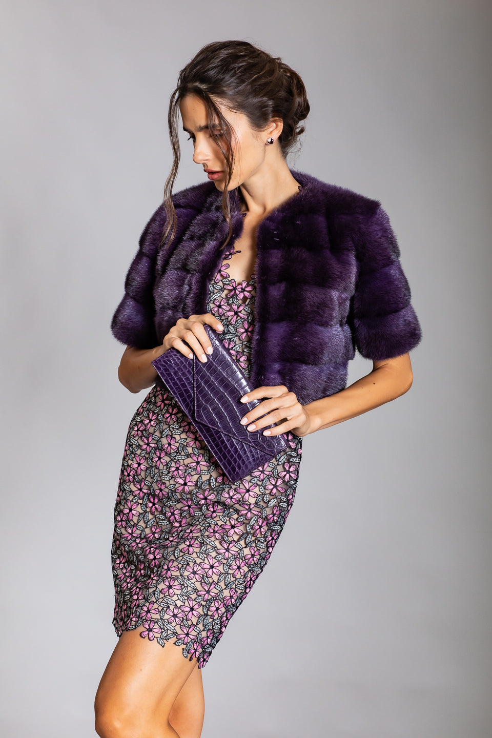 Shiny violet alligator messenger envelope clutch