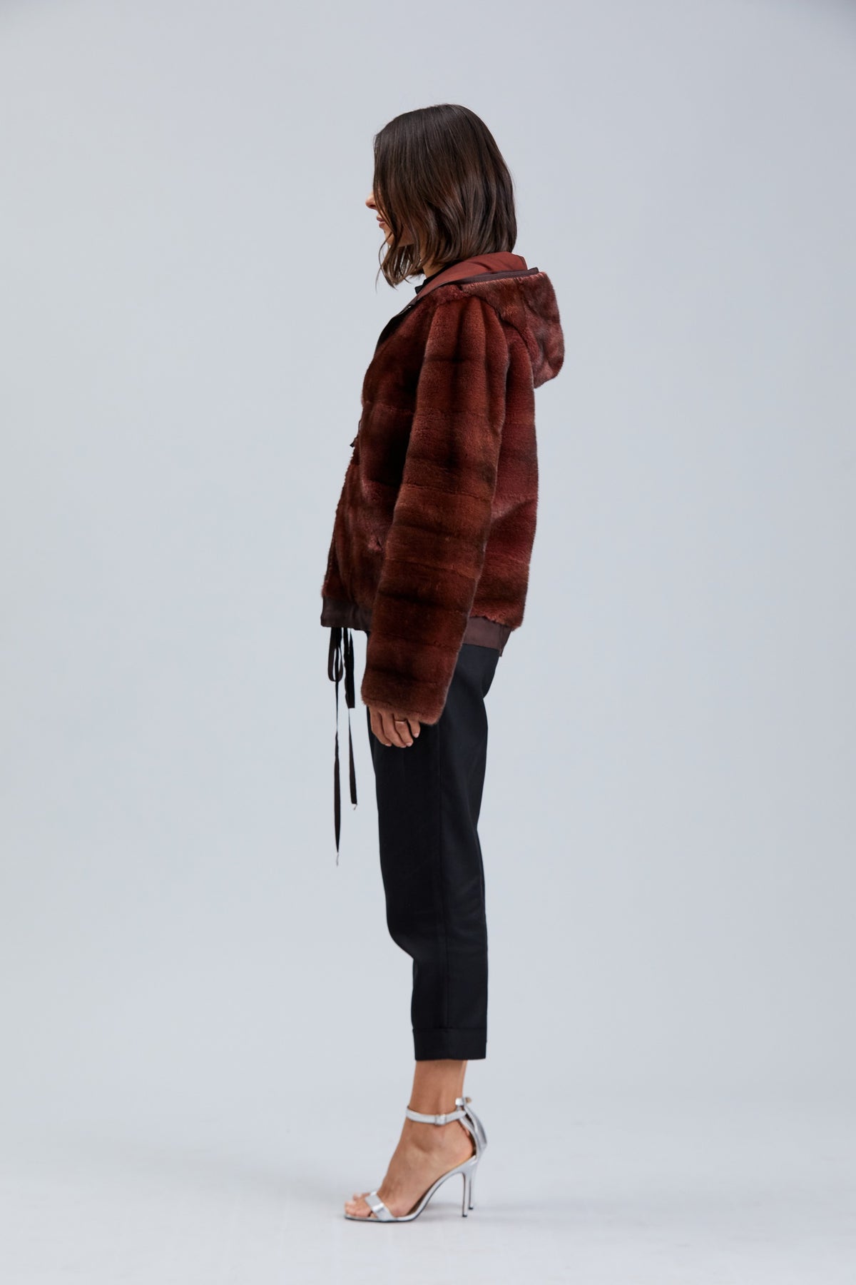 DYED BURGUNDY NUBUCK MINK REVERSIBLE HOODED JACKET