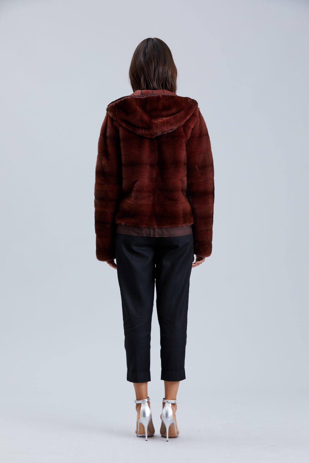 DYED BURGUNDY NUBUCK MINK REVERSIBLE HOODED JACKET