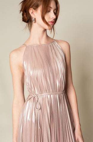 YELLOW PEAR SILK CHIFFON HAND PLEATED HALTER GOWN