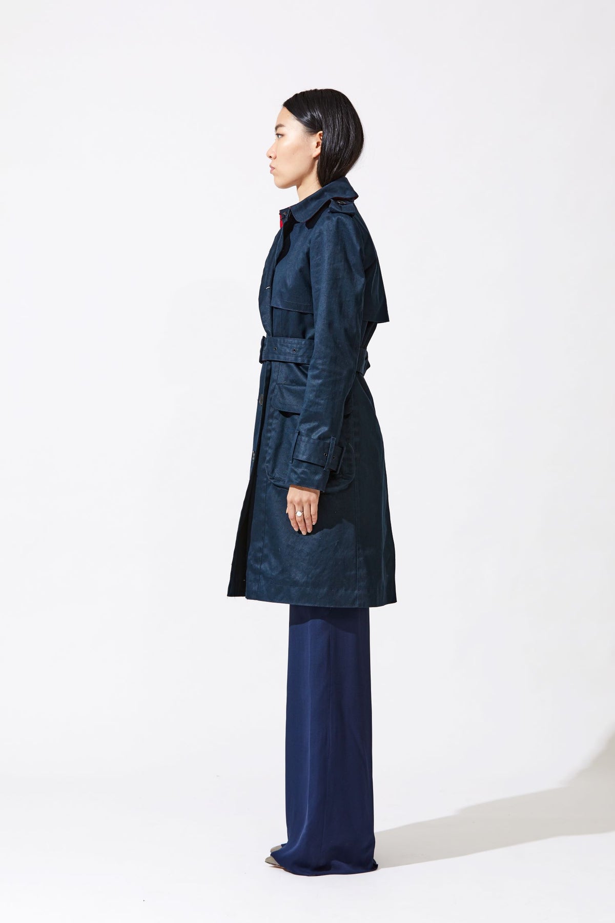 Dyed Midnight Blue Trench Outerwear with Cherry-Red Sheared Mink Detachable Liner