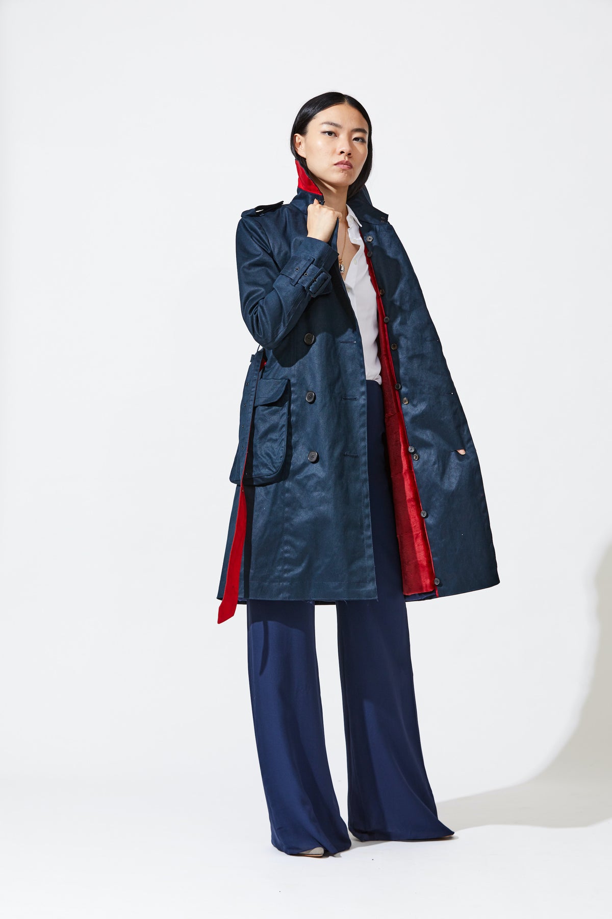 Dyed Midnight Blue Trench Outerwear with Cherry-Red Sheared Mink Detachable Liner
