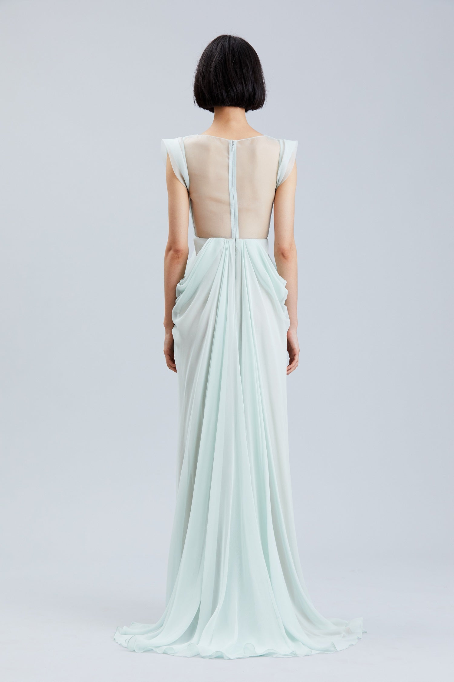 MINT GREEN V NECK SILK CHIFFON PLEATED GOWN