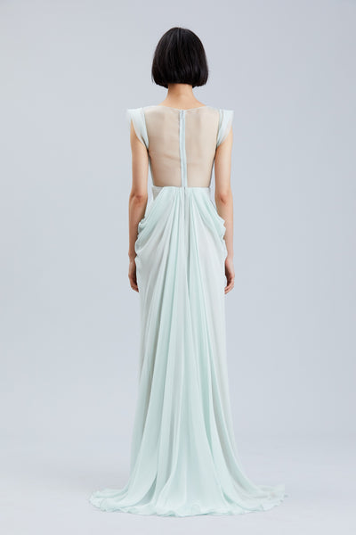 Mint Green V Neck Silk Chiffon Pleated Gown J Mendel 