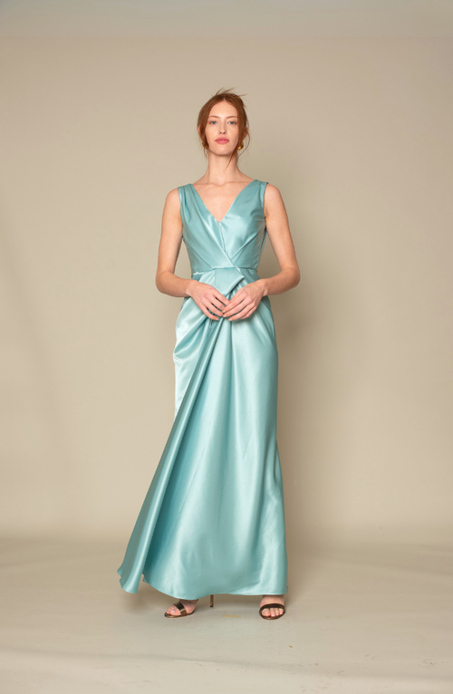 SLEEVELESS V NECK FRONT SATIN CREPE&nbsp;FRONT DRAPING GOWN