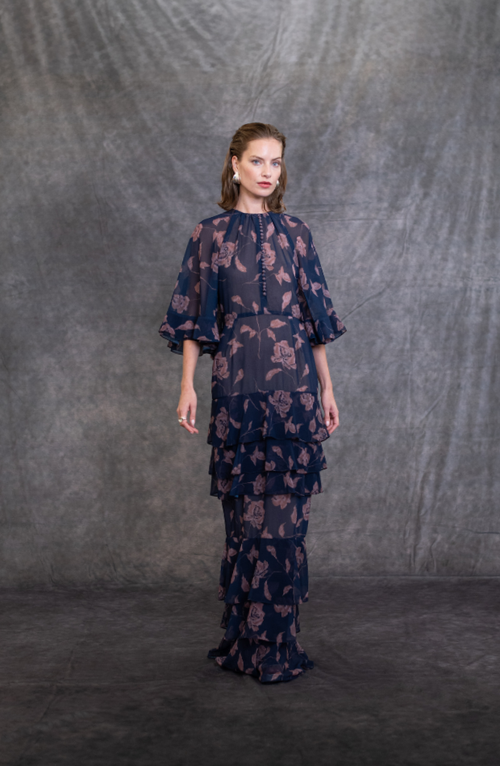 CAPE SLEEVES FRENCH ROSE PRINT RUFFLES GOWN