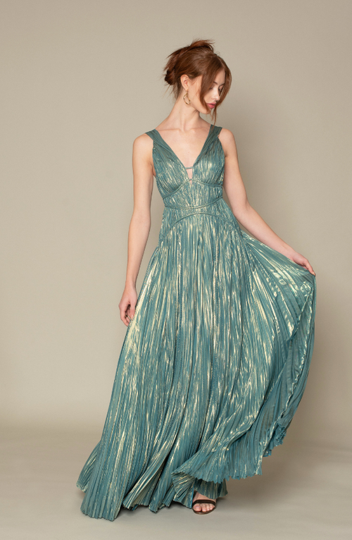 V NECK SILK LAME HAND PLEATING JUMPSUIT
