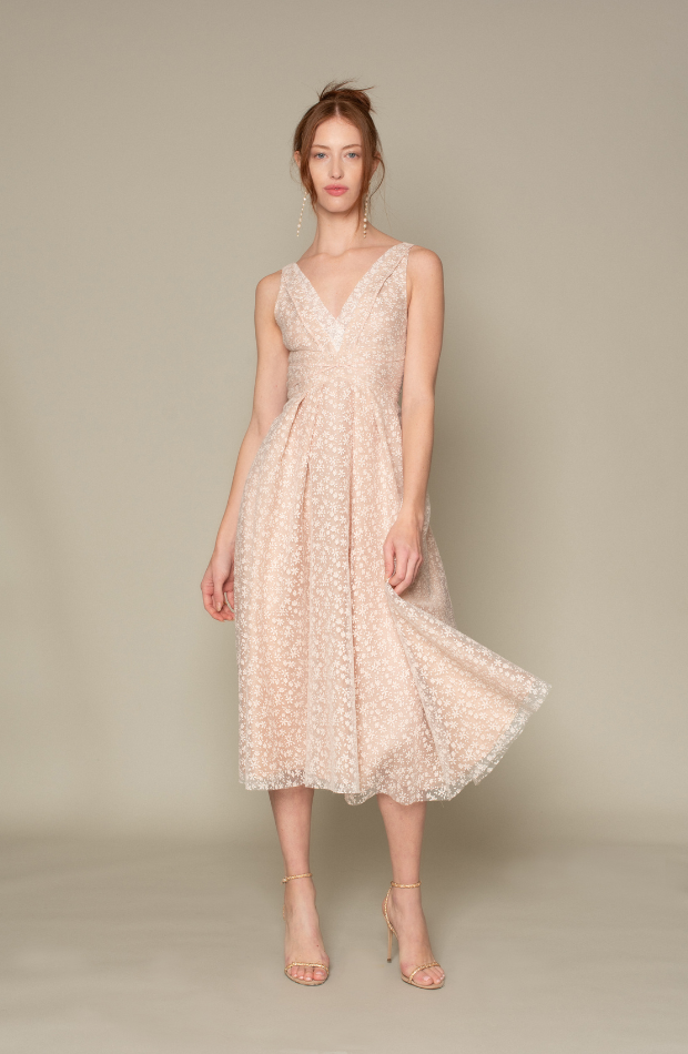 V NECK SLEEVLESS PARADISO FLORAL JACQUARD PELATS DRESS