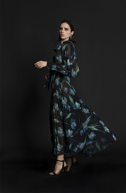 EUROPEAN FLORAL PRINT CHIFFON BELL LONG SLEEVES WITH BOW PLEATS DAY DRESS