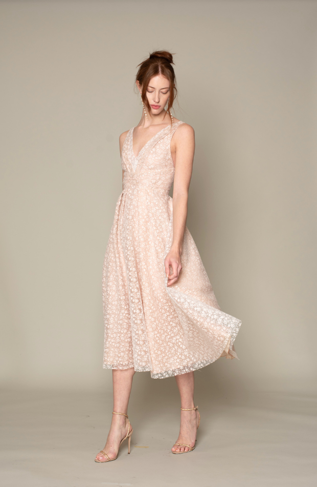 V NECK SLEEVLESS PARADISO FLORAL JACQUARD PELATS DRESS