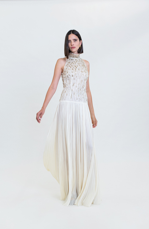 TURTLE NECK SILK SATIN HAND PLEATING EMBROIDERY GOWN