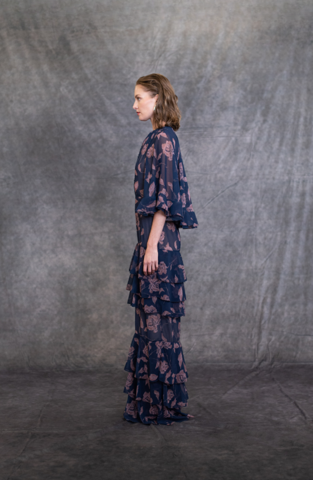 CAPE SLEEVES FRENCH ROSE PRINT RUFFLES GOWN
