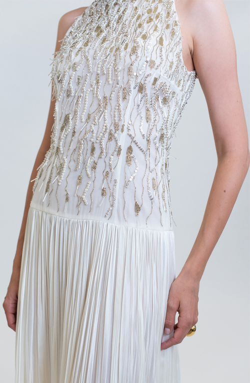 TURTLE NECK SILK SATIN HAND PLEATING EMBROIDERY GOWN