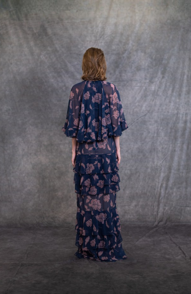 CAPE SLEEVES FRENCH ROSE PRINT RUFFLES GOWN