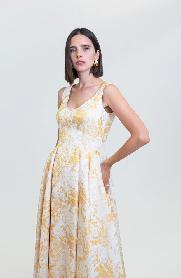 PINEAPPLE SLICE YELLOW MULTI YELLOW ABSTRACT JACQARD CREW NECK SLEEEVELESS DAY DRESS