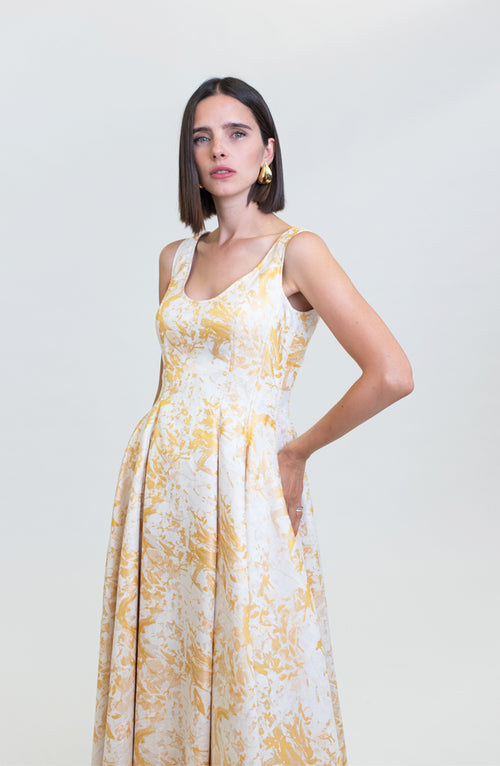 PINEAPPLE SLICE YELLOW MULTI YELLOW ABSTRACT JACQARD CREW NECK SLEEEVELESS DAY DRESS