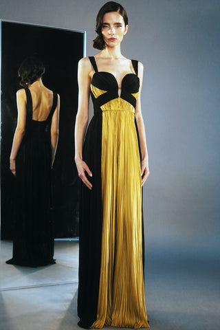 GOLD & YELLOW EMBROIDERED BUSTIER SILK PLEATED GOWN