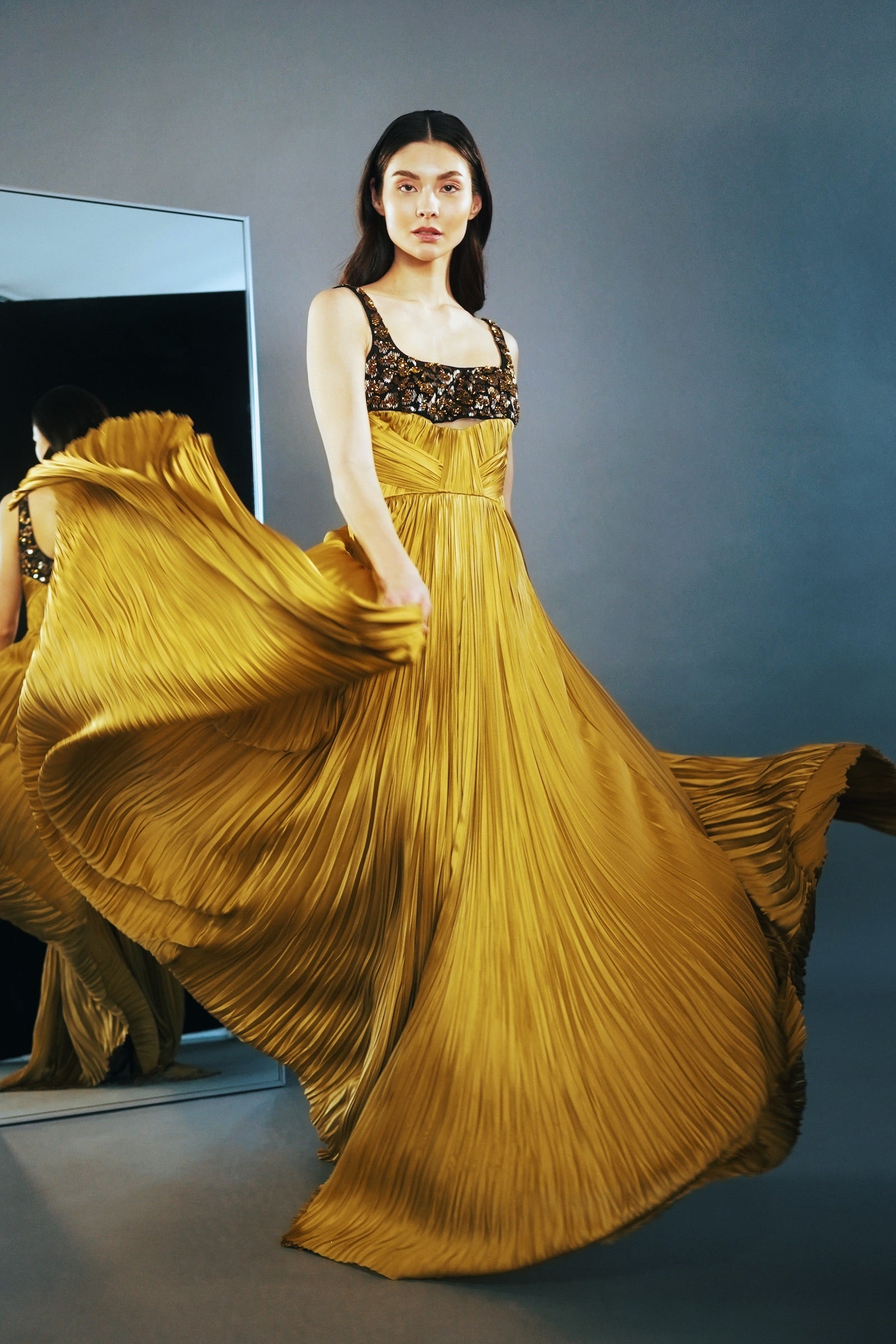 GOLD & YELLOW EMBROIDERED BUSTIER SILK PLEATED GOWN