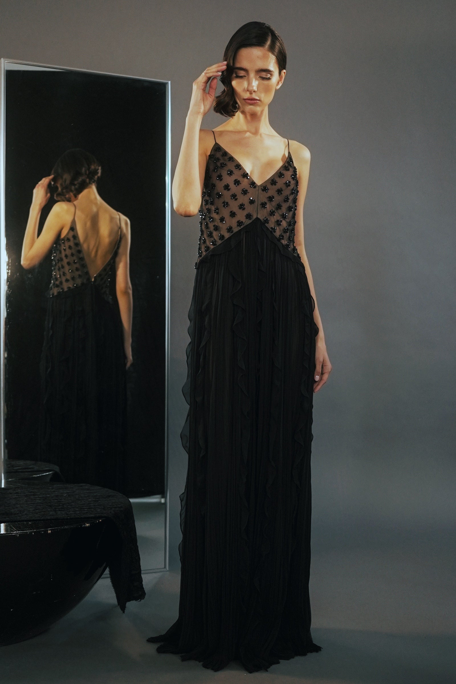 BLACK EMBROIDERED FLORAL SILK HAND PLEATED RUFFLES GOWN
