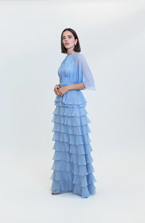BELL SLEEVES CREWNECK HAND PLEATING TIERS RUFFLES GOWN