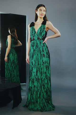 SEA FORM GREEN V NECK SILK HAND PLEATING  GOWN