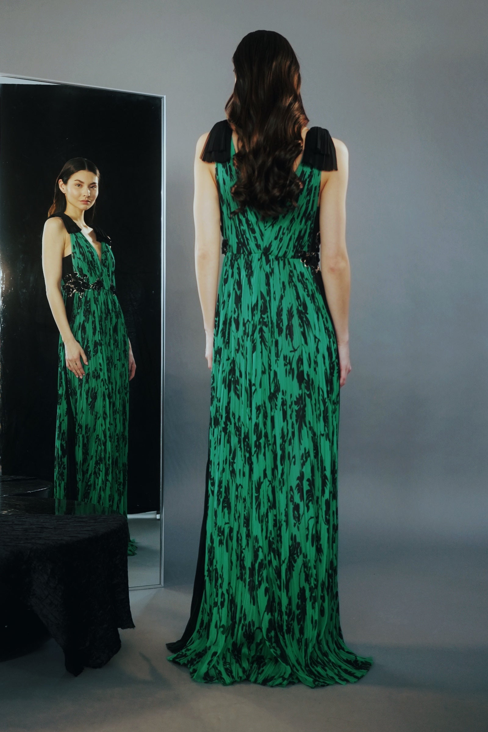 WATER GARDEN GREEN & BLACK FLORAL PRINTED SILK HAND PLEATED GOWN