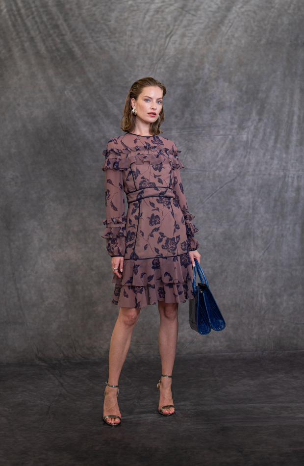 DUSTY ROSE LONG SLEEVES CREW NECK FRENCH ROSE WITH RUFFLES DAY DRESS