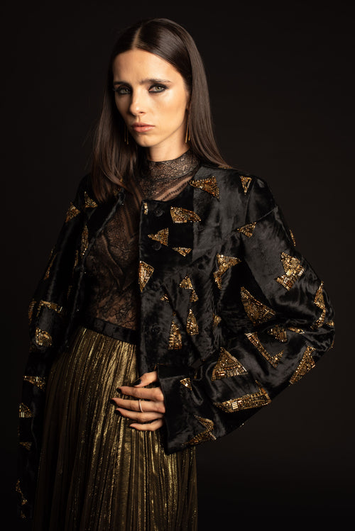 BLACK BROADTAIL OVERSIZED COLLAR EMBROIDERED JACKET