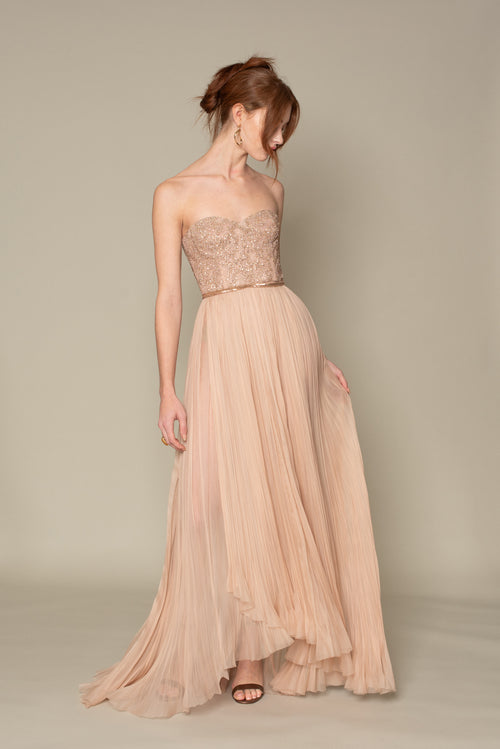 SWEETHEART SLEEVELESS EMBROIDERY TOP WITH HAND PLEATING SILK ORGANZA